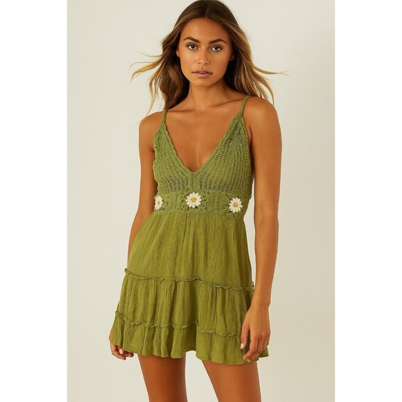 Indulge Festival Crochet Fairy Hippie Mini Dress Women L Green Goblin Earthy Y2K - Picture 1 of 9